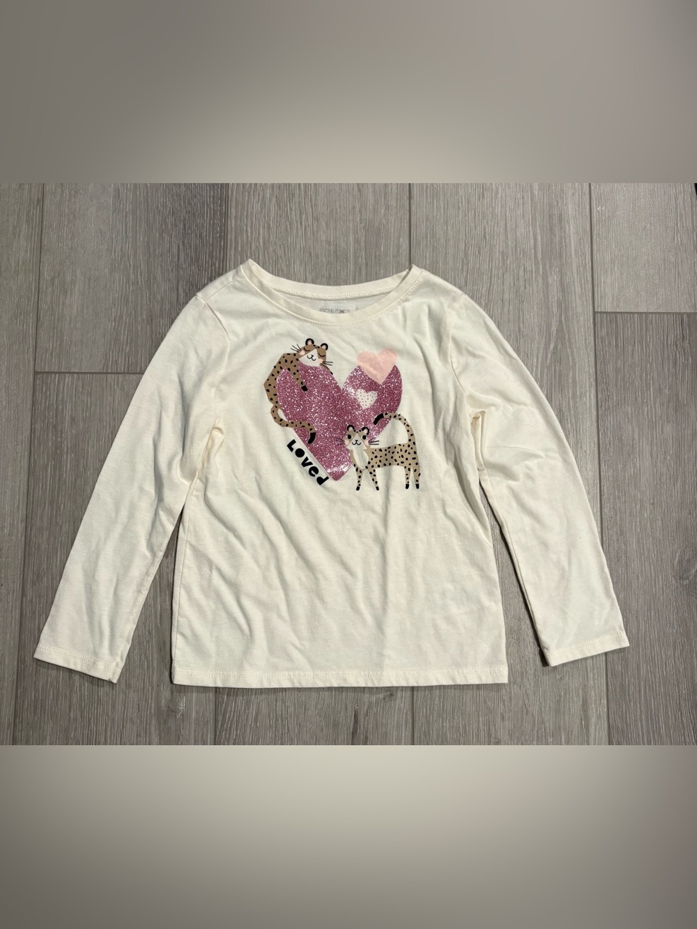 Girls' Cream Long-Sleeve Tee with Pink Heart & Deer Graphic. Size 4T